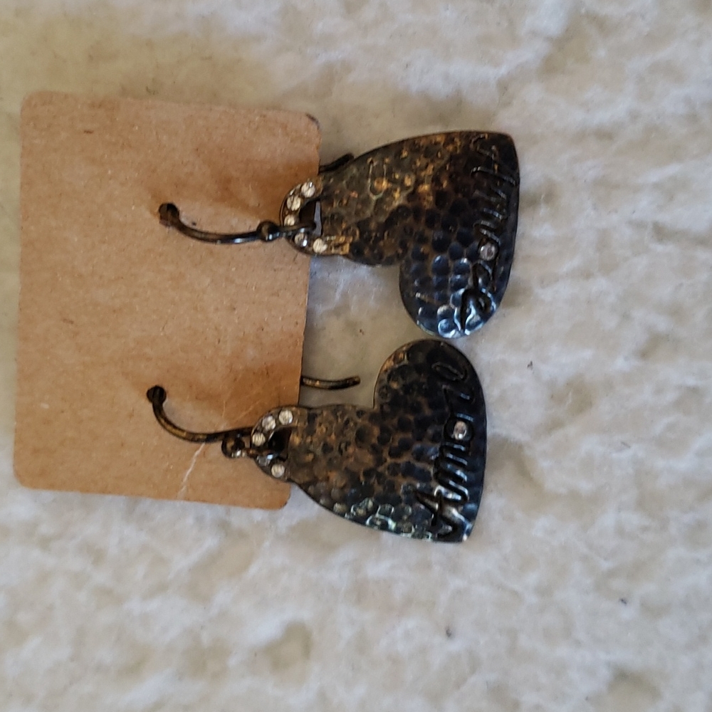 Blackened gold Heart drop earrings.